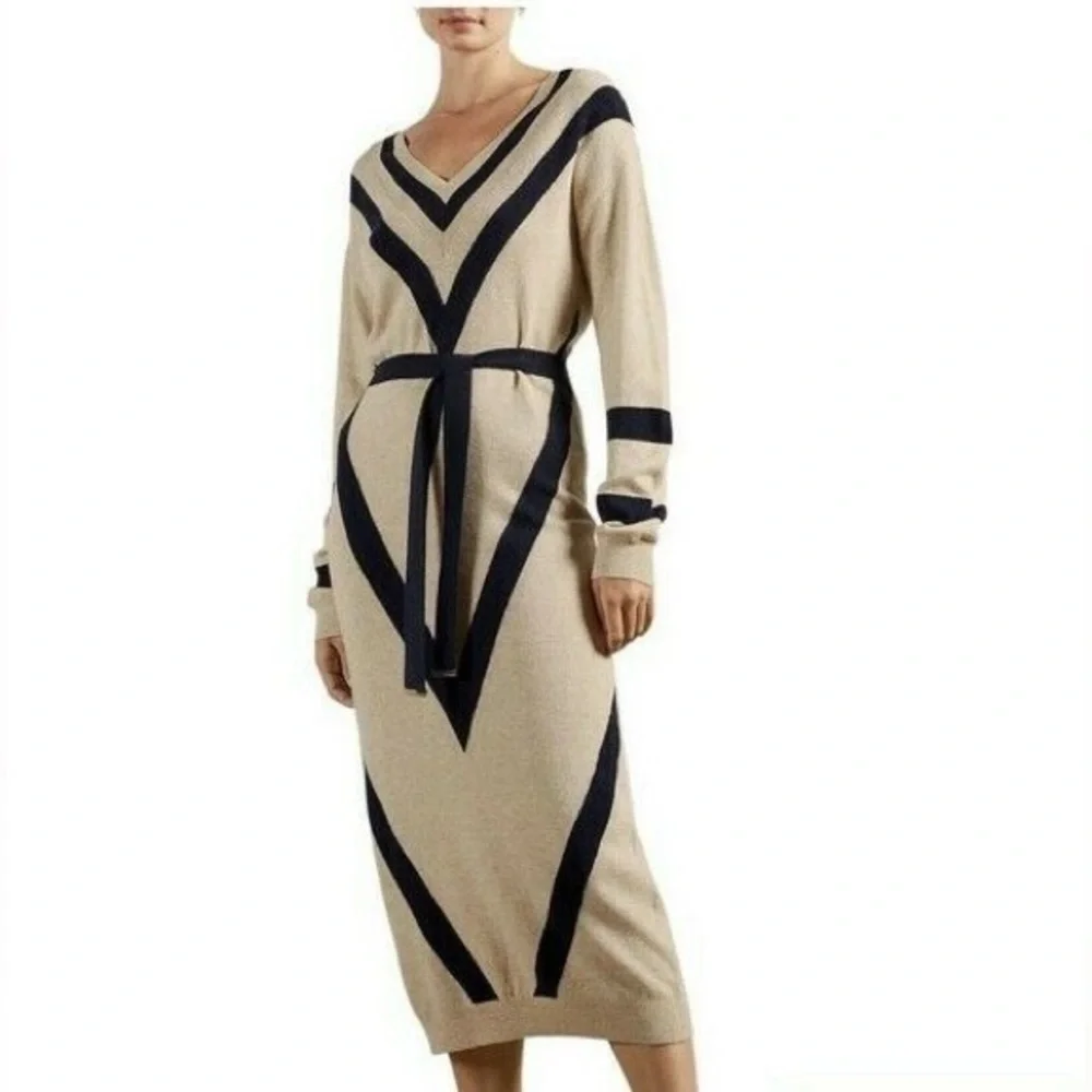 Ted Baker Merino Wool Cashmere Knit Long Sleeve Cream Black Midi Sweater Dress - Picture 3 of 9